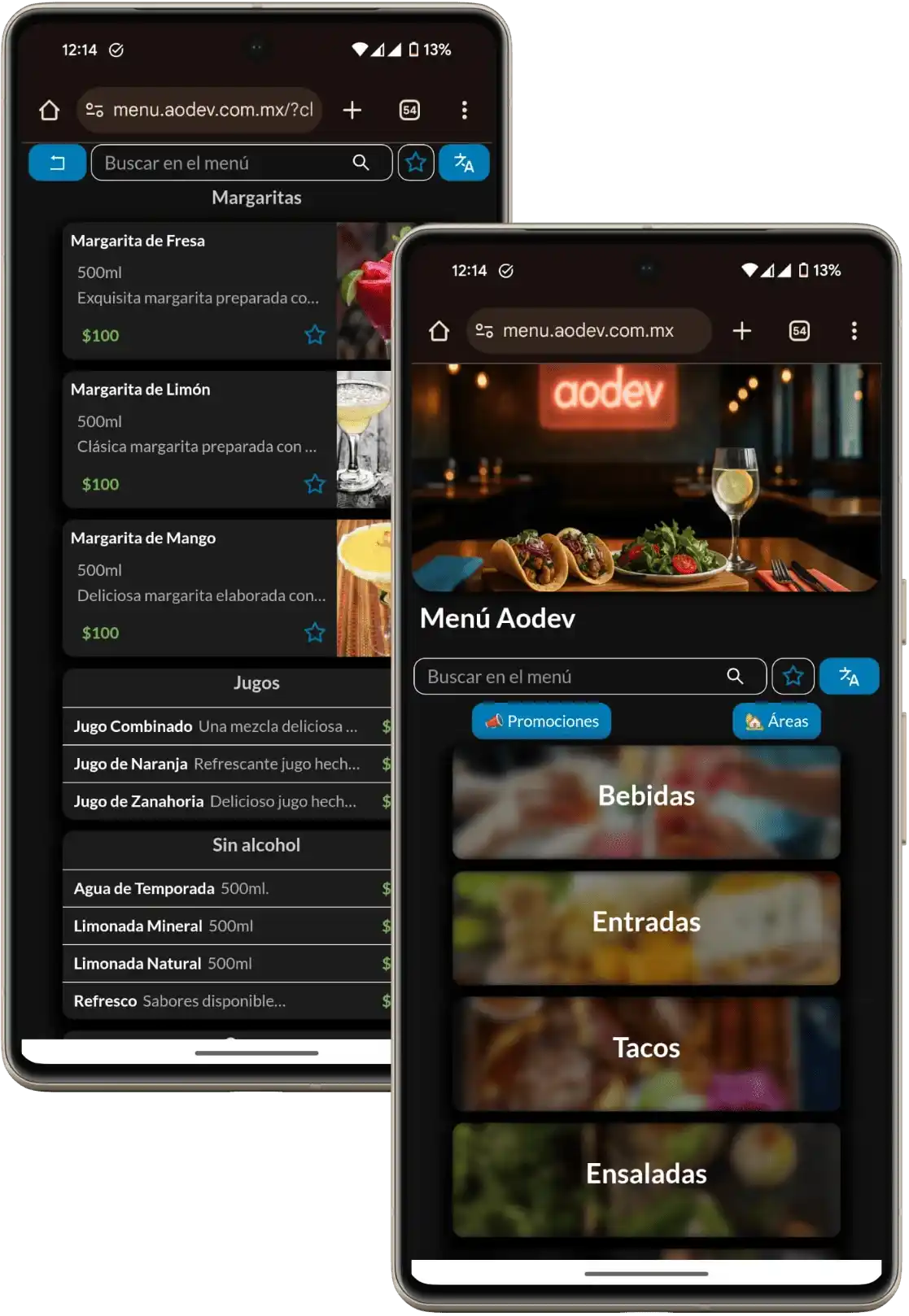 Menú digital Aodev mostrando categorías personalizables