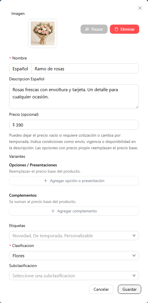 Editor de productos con foto, nombre, descripción, precio y opciones