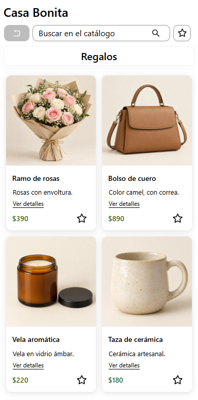 Catálogo real con cuatro artículos de ejemplo: ramo de rosas, bolso de cuero, vela aromática y taza de cerámica, cada uno con su propia foto y precio